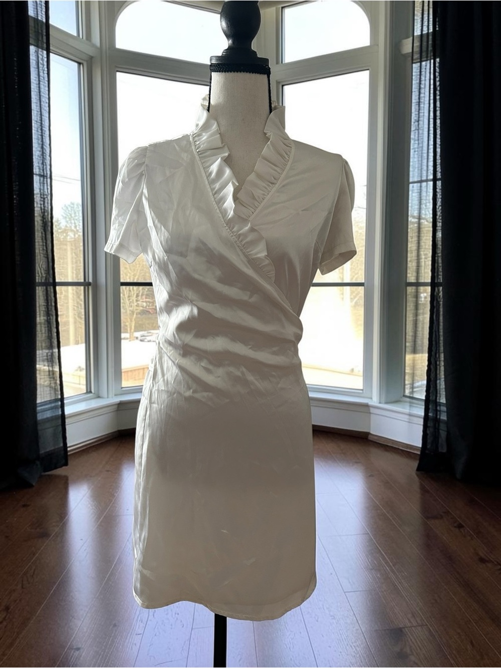Y2K SHARON White Ruffle True Wrap Mini Dress Short Sleeve Size S